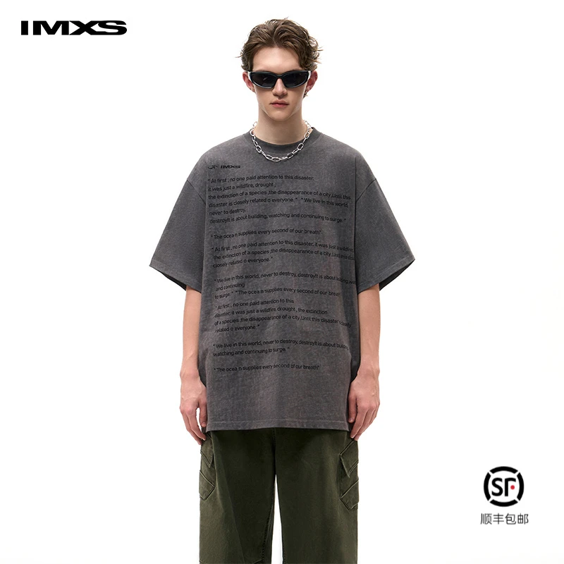 IMXS字母做旧肌理T恤高街美式复古印花短袖宽松情侣夏季2025夏季