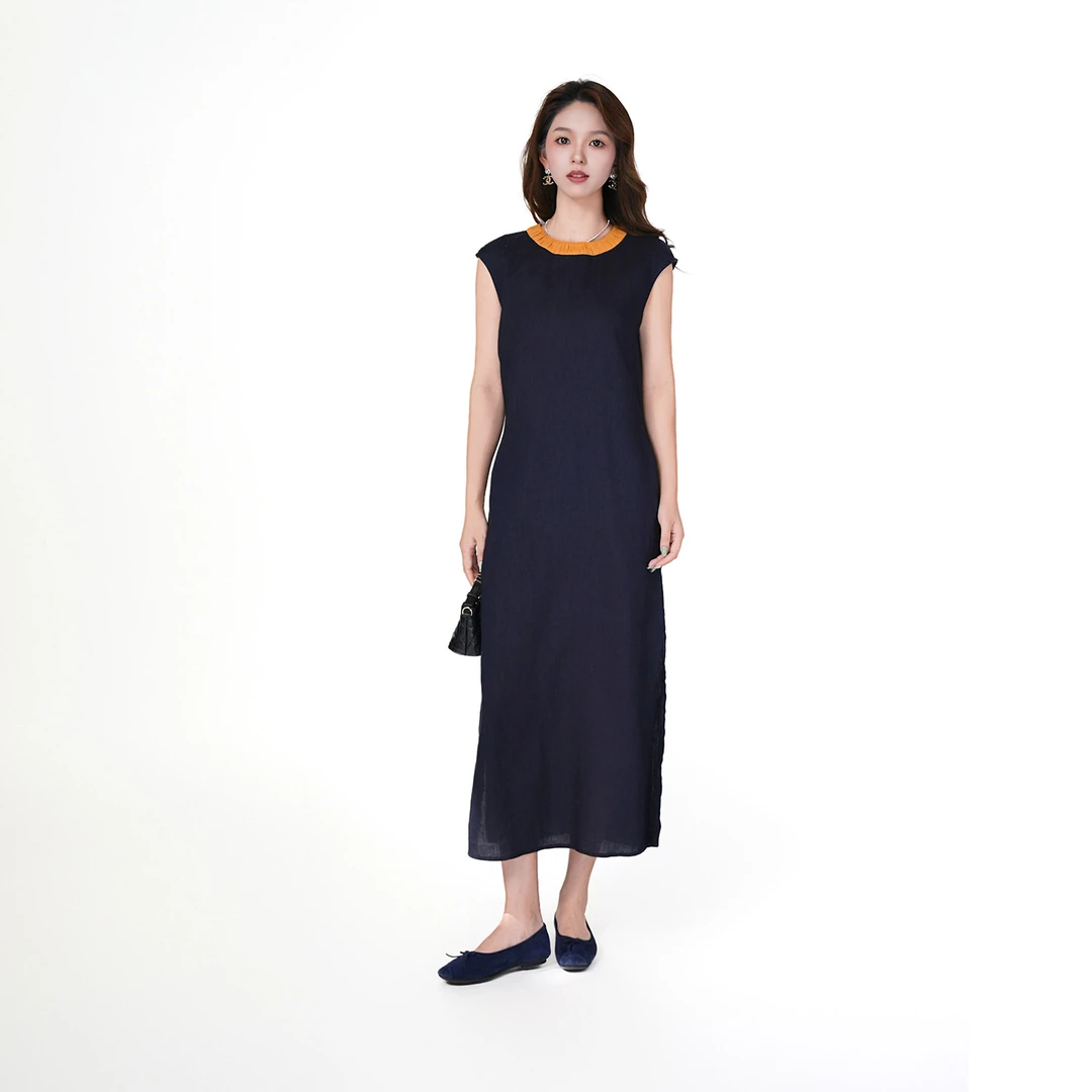 CsyX2-2025S/S早秋新款夏季拼色领无袖宽松连衣裙L30750