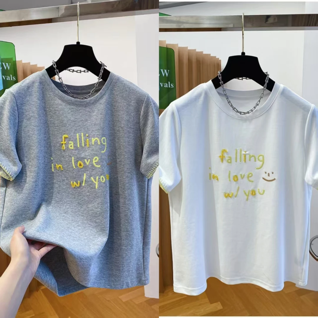 纯棉高品质韩式简约设计刺绣字母笑脸宽松夏季时尚休闲短袖T恤