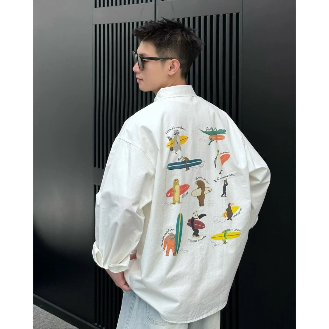 【时尚起易】潮流个性后背卡通印花休闲百搭宽松排扣港风衬衫外套衫