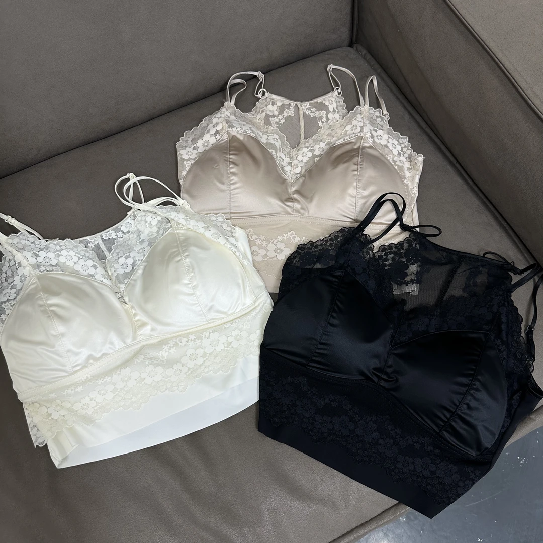 卡卡家 法式缎面蕾丝抹胸美背无钢圈性感美背