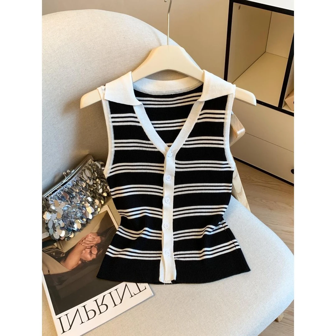 欧货时尚polo撞色V领设计感无袖针织背心女夏季新款气质百搭上衣