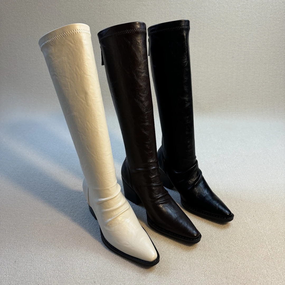 六也「显瘦褶皱」小个子高跟尖头长筒瘦瘦靴舒适百搭气质长靴L912