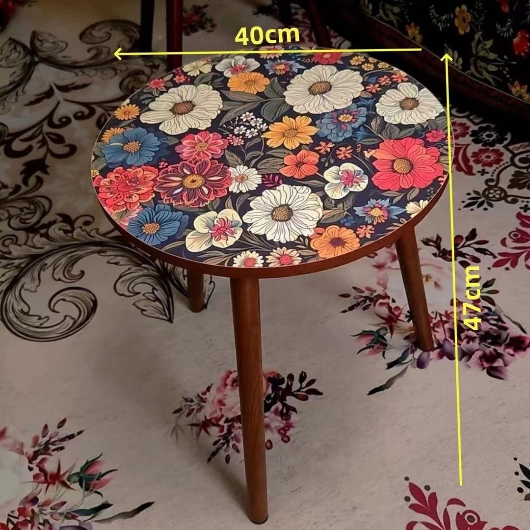 ins'风圆桌复古美学茶几边几客厅卧室桌子高颜值花纹桌