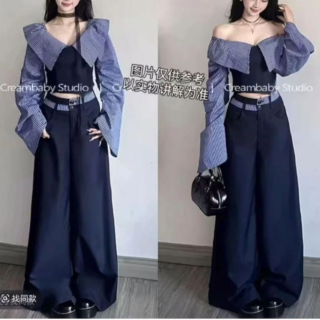 （倩倩） 2025大码学院条纹一字肩上衣裤子短裙显瘦气质时尚减龄