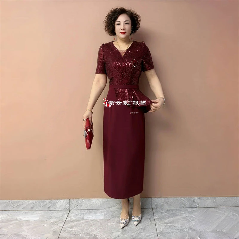 高端气质喜婆婆礼服年轻妈妈高贵短袖旗袍婚宴喜服洋气大码连衣裙