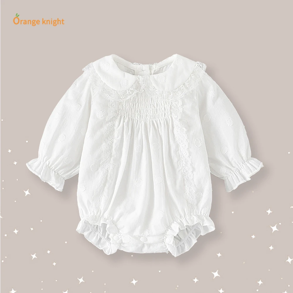 婴儿新生儿春季长袖衣服甜美女宝宝洋气蕾丝边娃娃领公主包屁哈衣