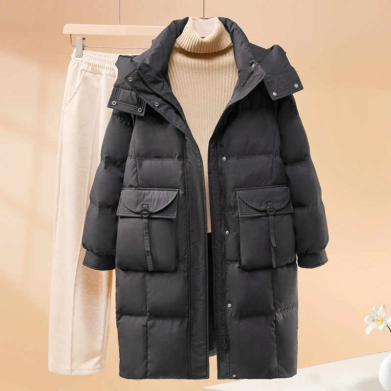 2024年新款秋冬90绒羽绒服连帽质感中长款外套保暖冬修身加厚冬季