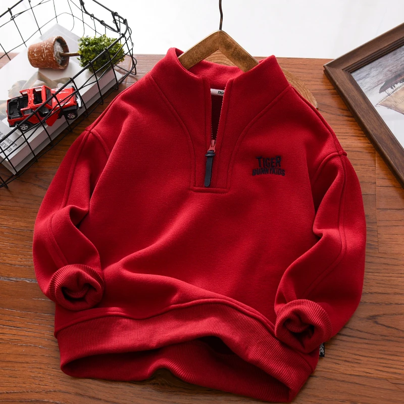 男童加绒红色卫衣冬季2025新款中大童奥粒绒加厚儿童新年刺绣长袖