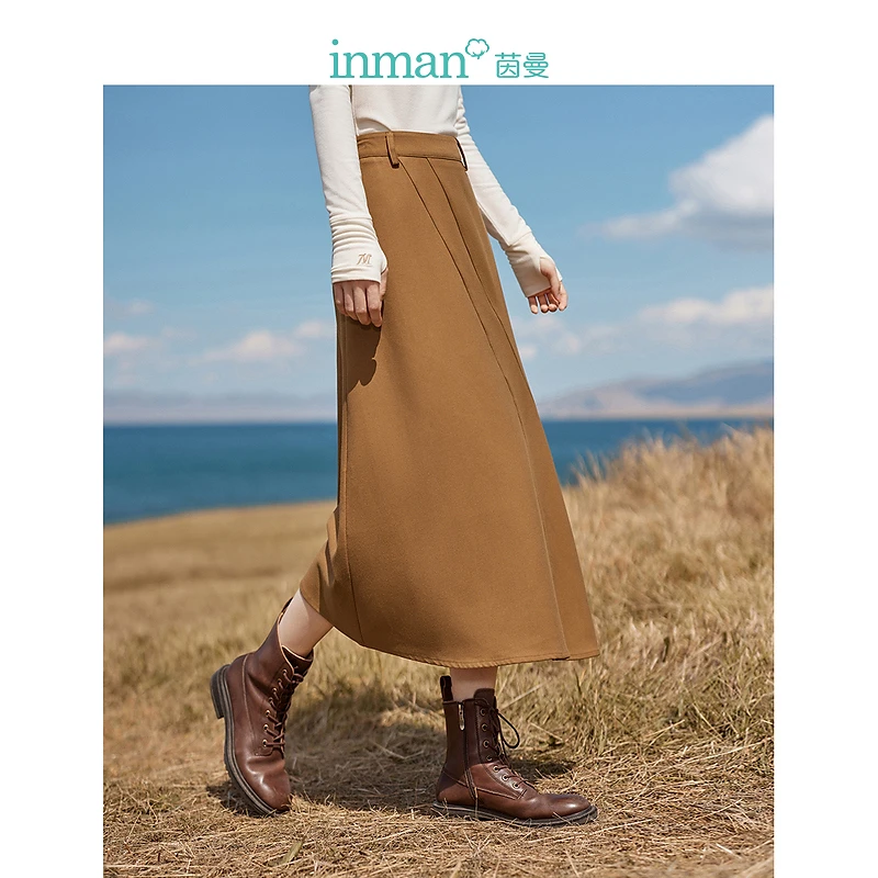 【梦诗专属】茵曼仿毛呢半身裙冬女松紧腰不规则下摆显瘦磨毛伞裙