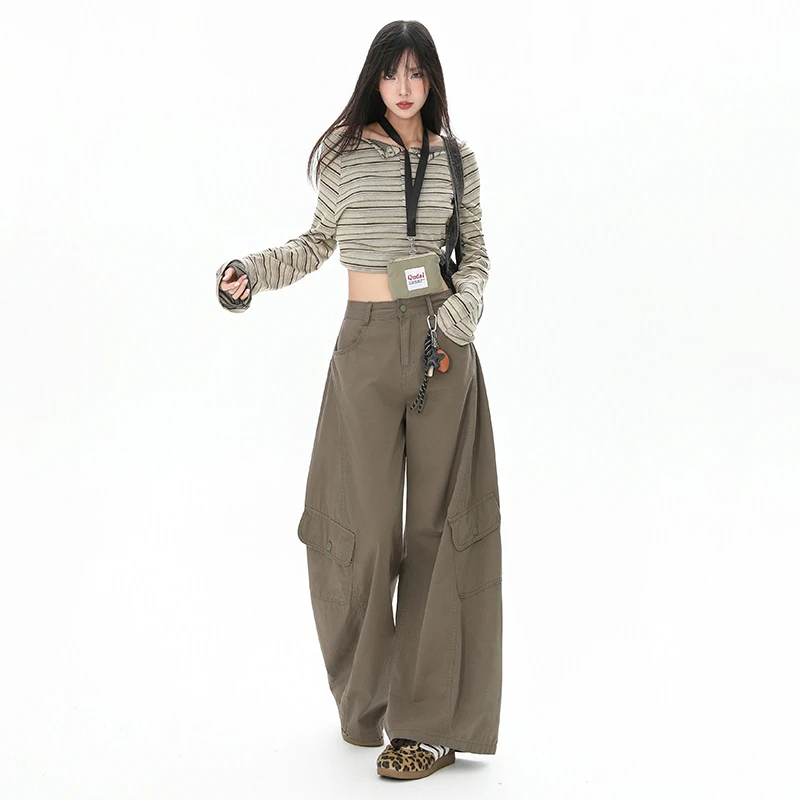 2025秋装美式复古工装裤女新款春季高腰显瘦宽松百搭阔腿弯刀休闲