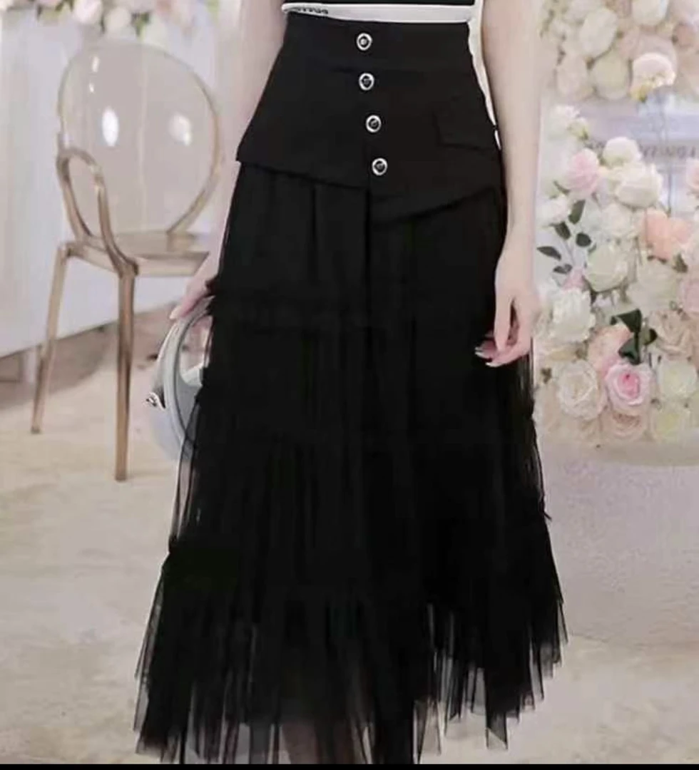 【娟子】春夏款前纽扣设计感时尚半身纱裙