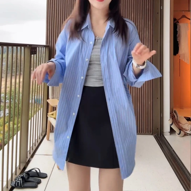 【长岛冰茶】韩系蓝条纹衬衫百搭宽松长袖衬衣LK2501955
