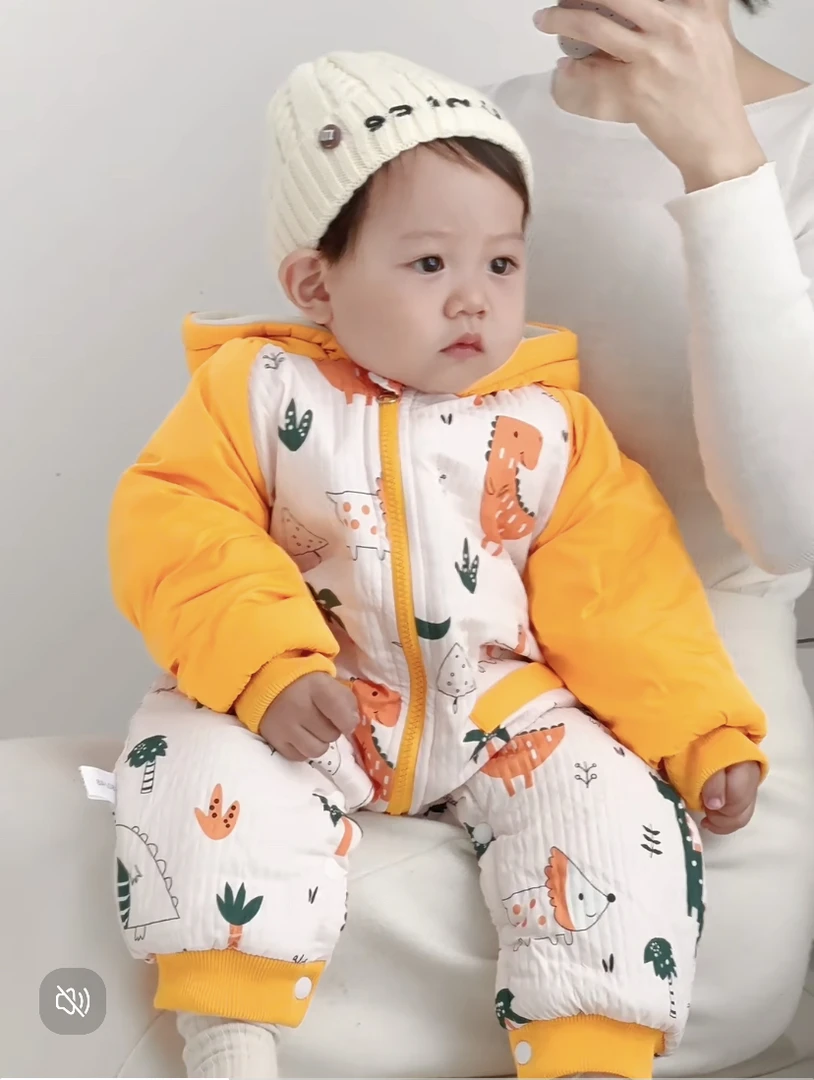 婴幼儿冬款上新满印卡通恐龙厚棉哈衣卡通可爱舒适出门外出服