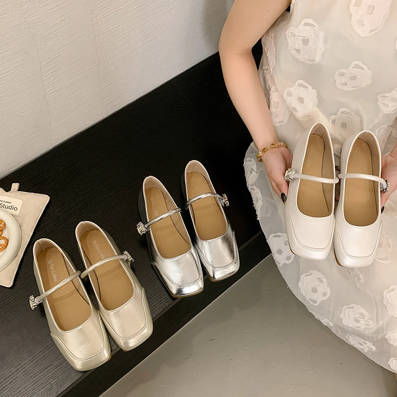 浅口方头玛丽珍女鞋平底百搭法式银色小单鞋玛丽珍单鞋鞋子夏季