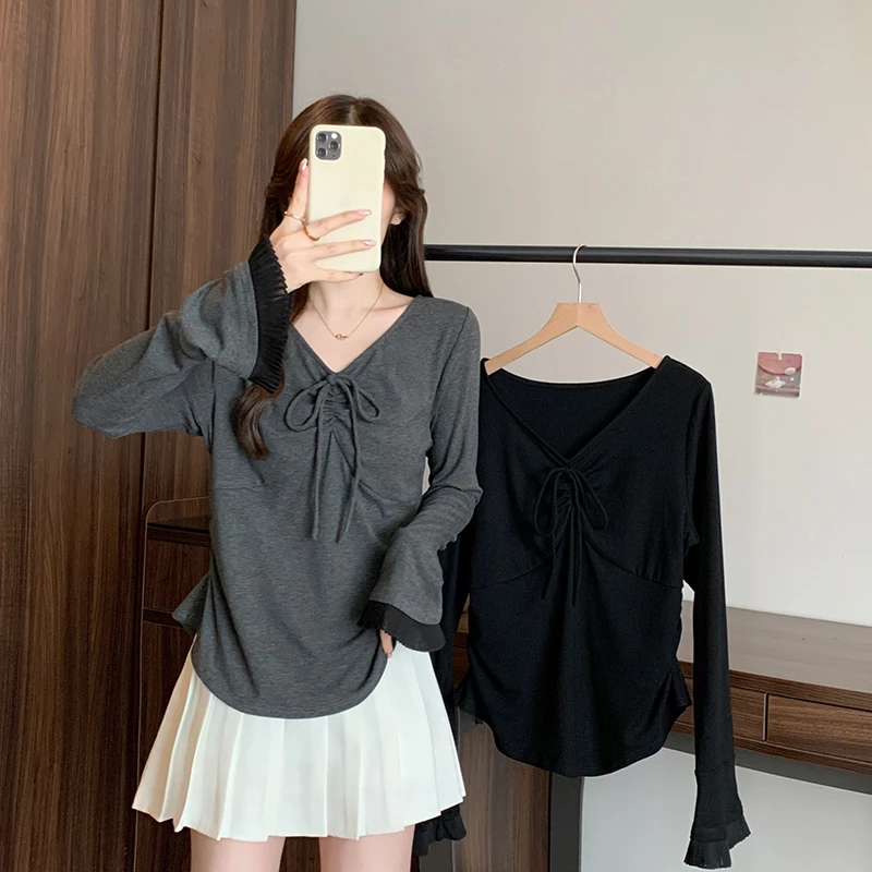 2025秋装新款胖mm大码女甜美v领蝴蝶结喇叭袖长袖上衣A2117