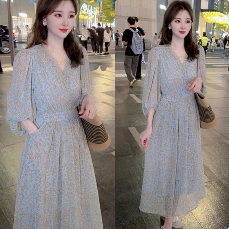 欧若风夏季新品碎花V领七分灯笼袖连衣裙收腰显瘦中长裙女