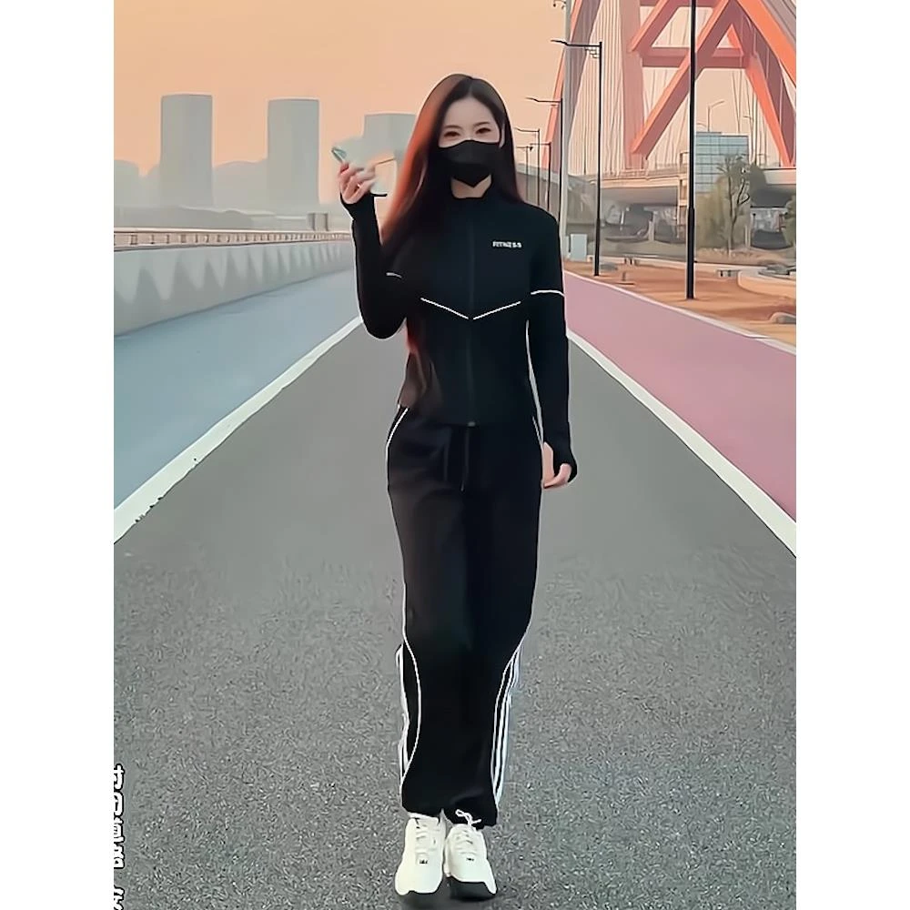 黑色运动套装女春秋新款显瘦修身跑步服休闲两件网红款运动服套装