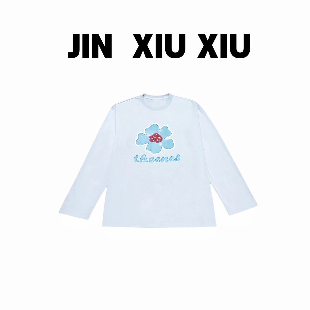 JINXIUXIU夏季新款串珠字母小花拼色圆领韩系甜美长袖T恤433
