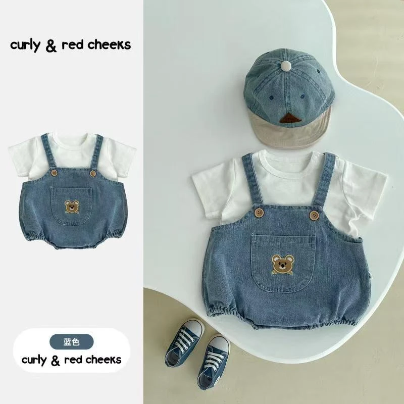 婴儿衣服夏装套装男宝宝连体衣夏季超萌婴幼儿牛仔包屁衣外出爬服