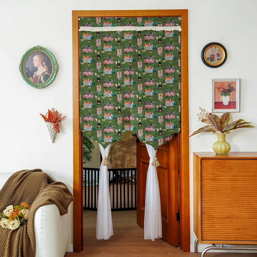 美式田园风门帘免打孔儿童房隔断帘厨房卧室家用遮挡帘新款布帘