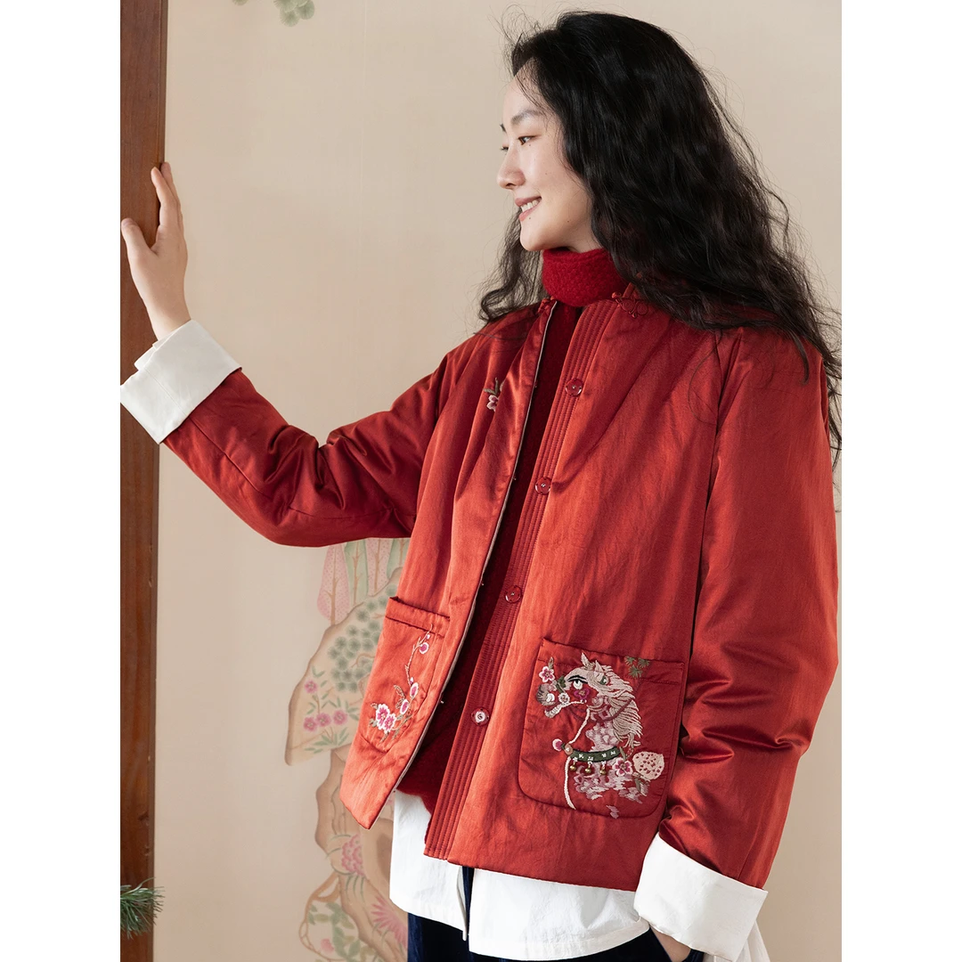牧衣游原创 重磅丝棉手工刺绣棉服外套中式红色喜庆新年棉衣 倚梅