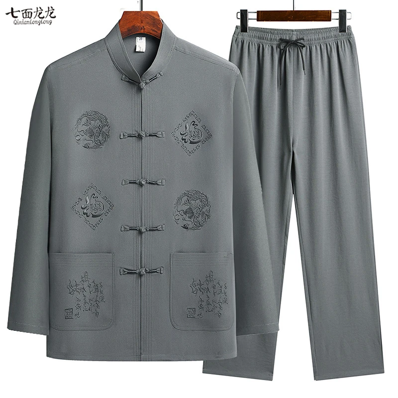 唐装男士中老年人爸爸春夏季长袖短袖套装爷爷60岁中国风秋款衬衫