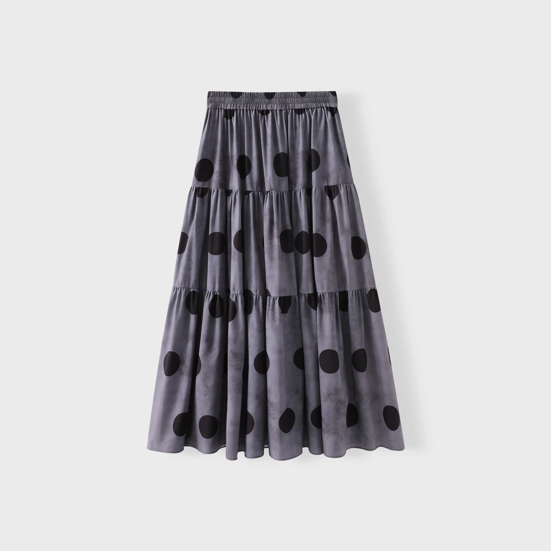 WLIN 【灰调】夏季新款 松紧高腰显瘦垂坠褶裥 女士波点半裙 2025夏