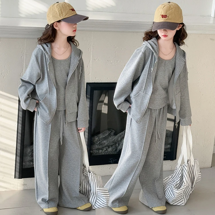 女童春秋季新款三件套儿童中大童打底衫休闲卫衣直筒阔腿运动套装