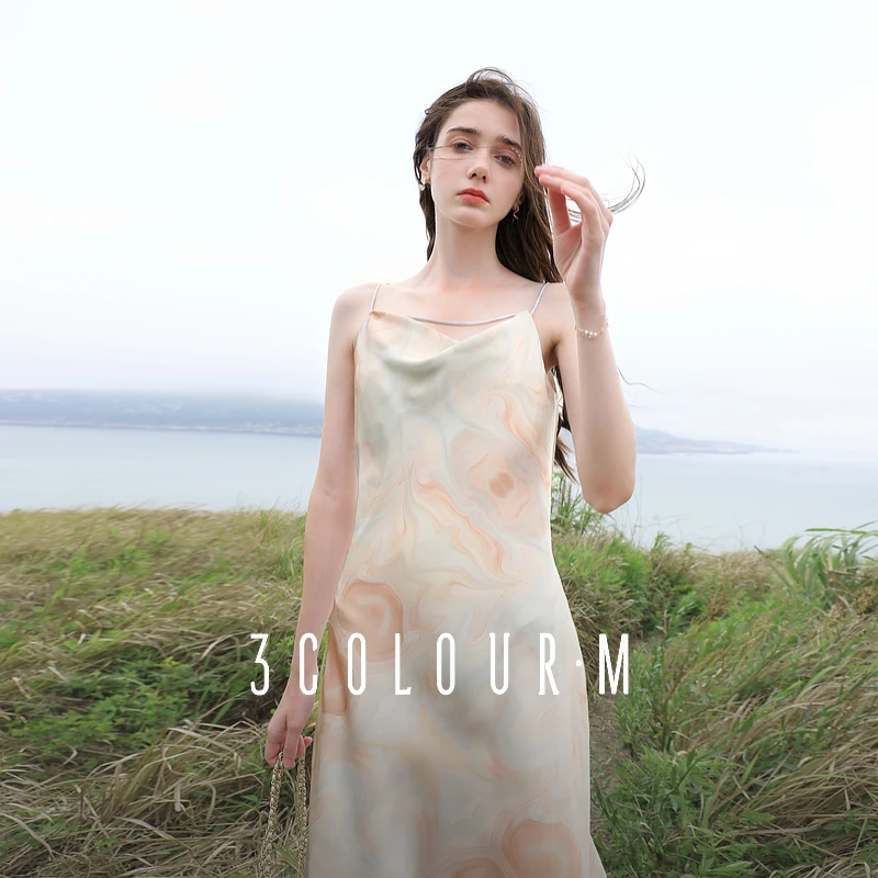 三彩2025夏季新款晕染无袖印花连衣裙吊带裙小众修身A字中长裙女M