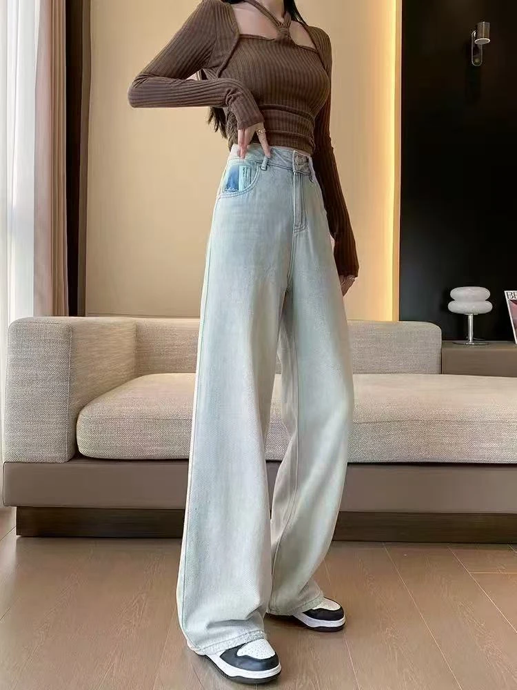 春季新款韩版重工休闲百搭高腰垂感显瘦牛仔直筒阔腿裤H3803