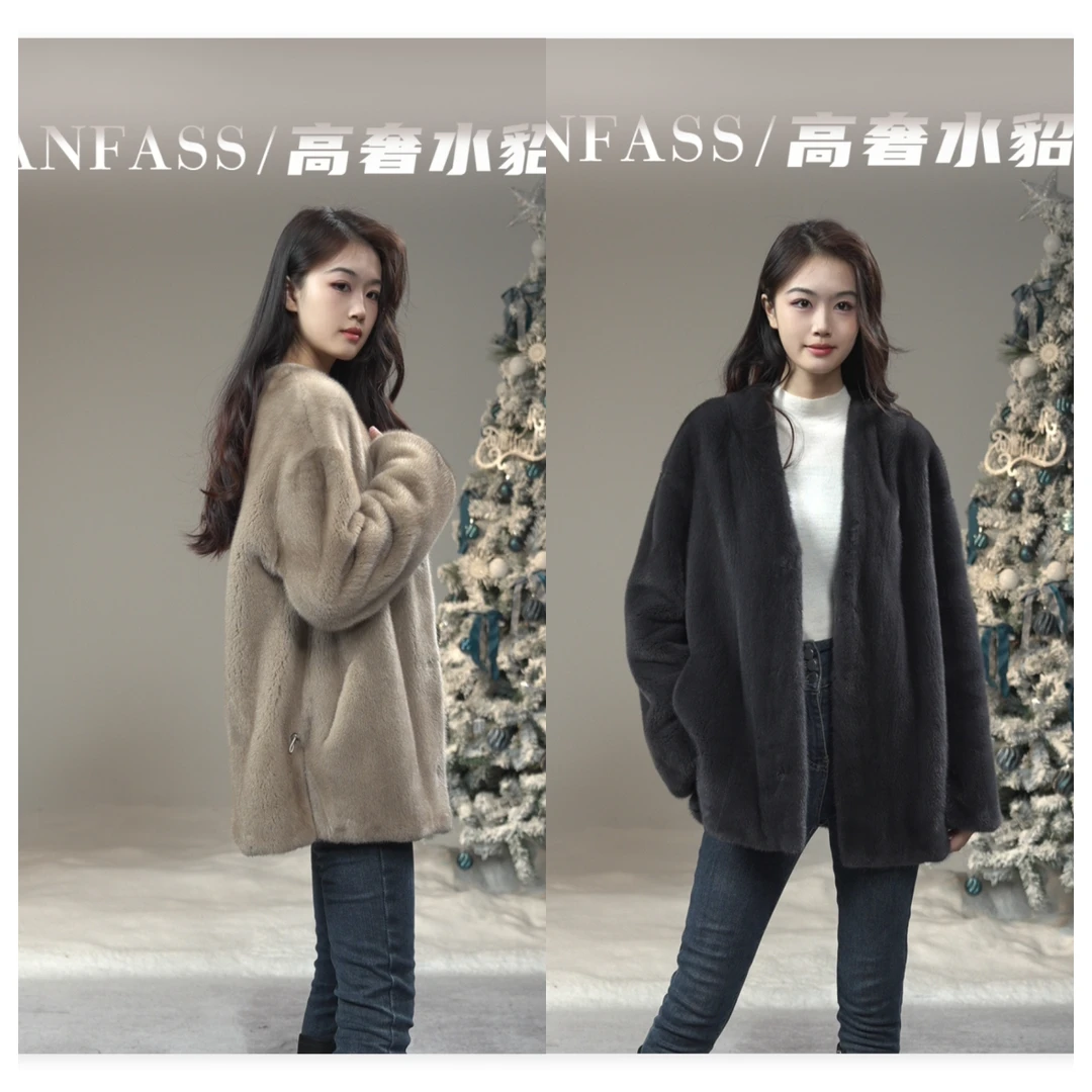 2025新年福利/桑蚕丝内衬/休闲中长款水貂貂皮大衣外套26D032