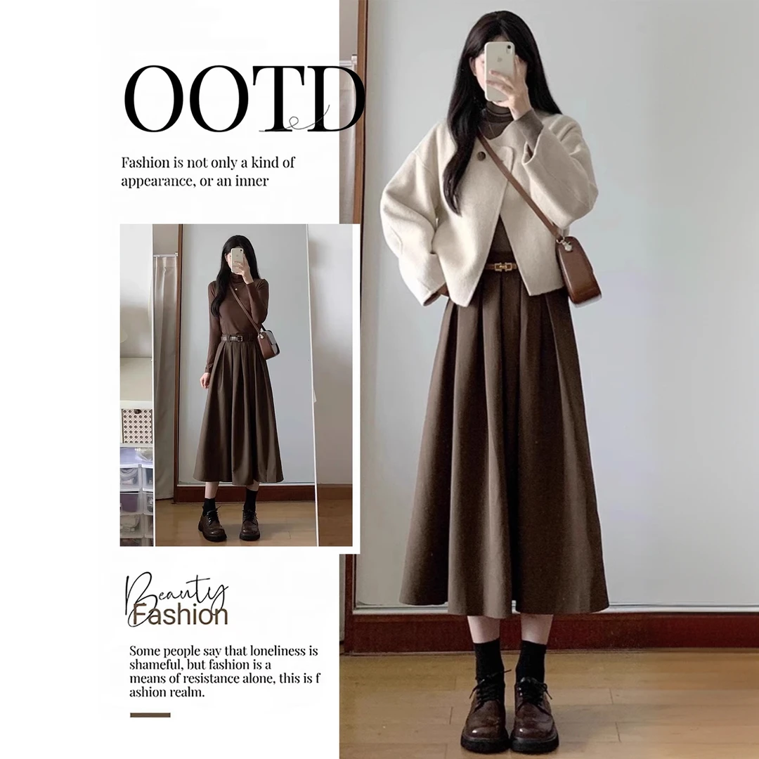 C239Y125#一整套盐系轻熟风斗篷外套叠穿打底上衣百褶半身裙套装