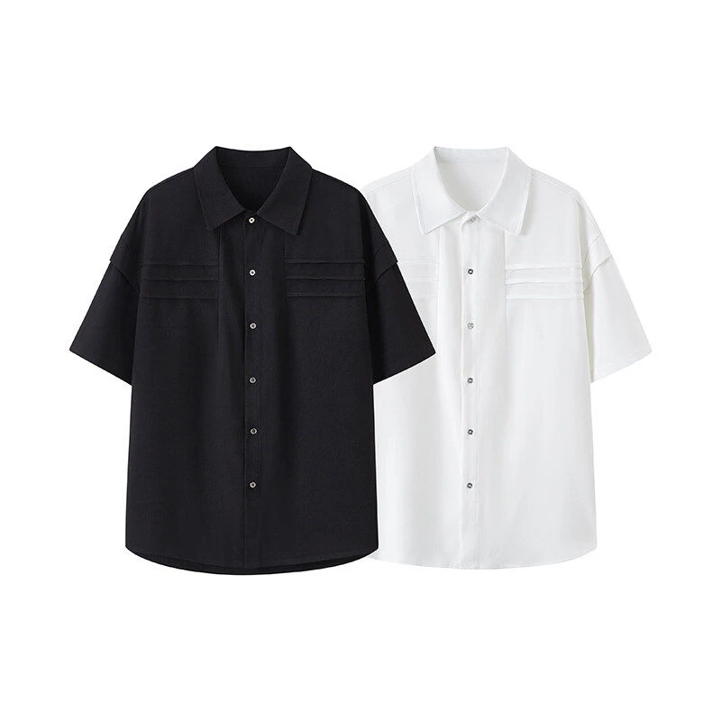 夏季褶皱拼接短袖男宽松潮流冰丝衬衫休闲百搭纯色日系时尚bf衬衣