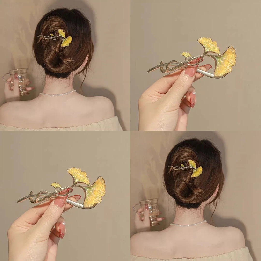 三生有杏银杏叶一字夹发夹 女中国风抓夹鲨鱼夹子头饰旅行发卡