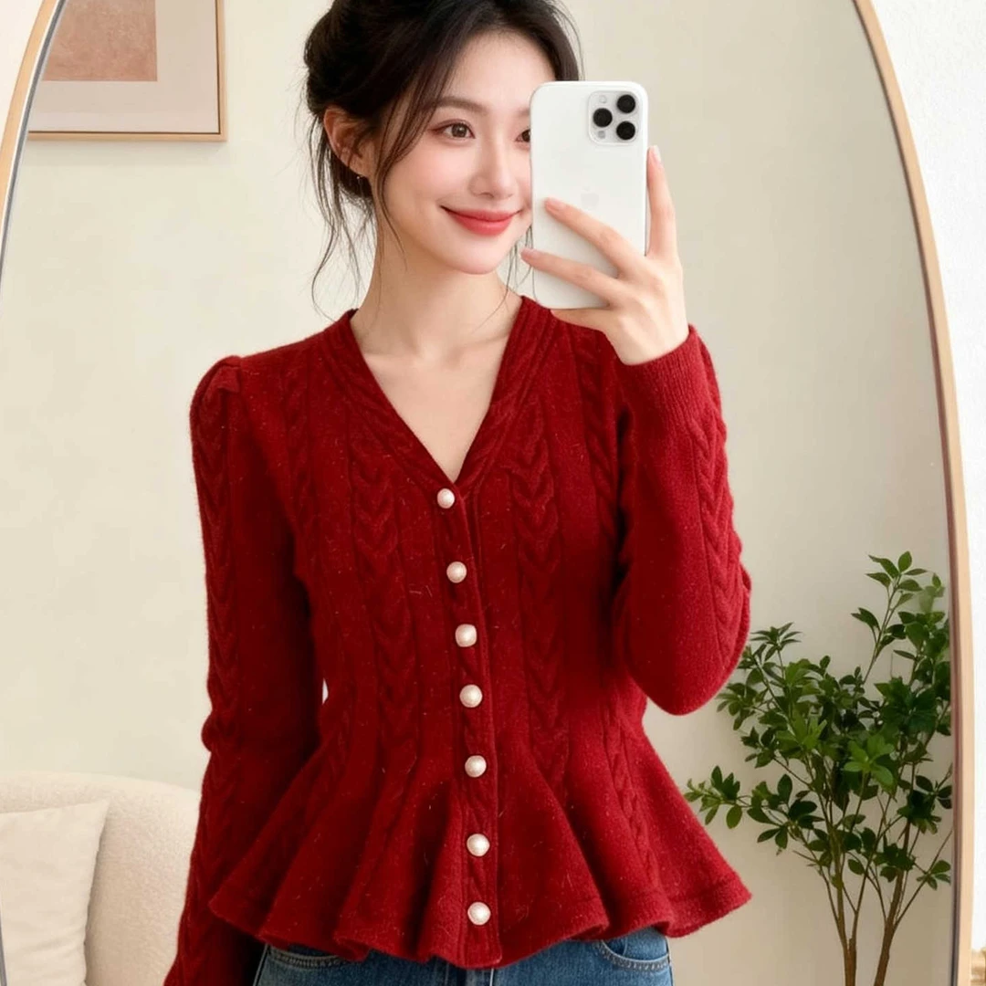 红色V领针织开衫女秋冬新款麻花编织收腰显瘦荷叶边下摆减龄毛衣