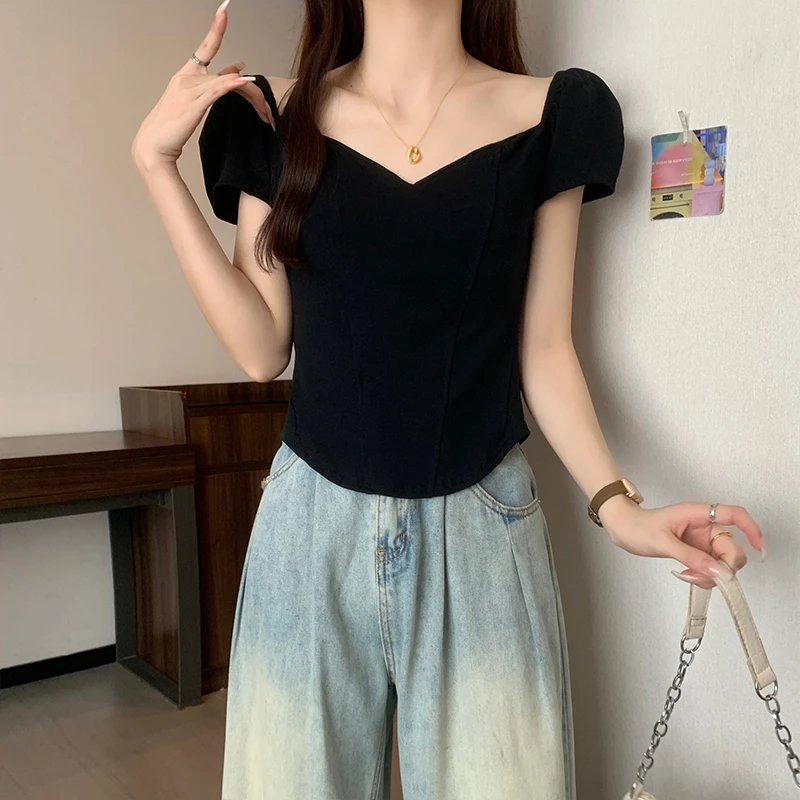 微胖夏季法式荡领短袖T恤夏季大码胖mm显瘦收腰甜辣妹一字肩上衣