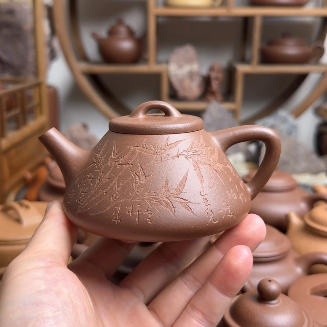 茶壶紫砂子冶石瓢200cc台西嫩底槽清透刻竹