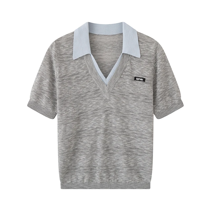 1101伊2025夏新品简约时尚灰色百搭纯色休闲法式小众polo衫针织衫
