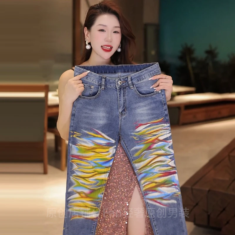2025夏季薄款男士牛仔裤时尚轻奢彩虹印花设计百搭休闲弹力男款