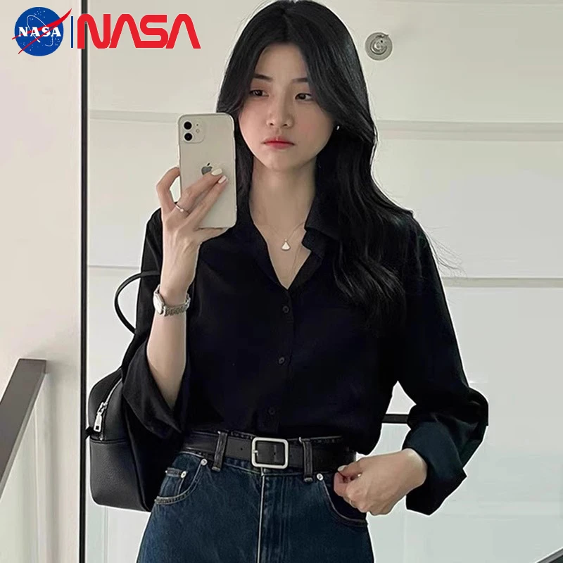 NASAOVER黑色衬衫女春秋款韩版休闲百搭通勤长袖上衣2025新款衬衣