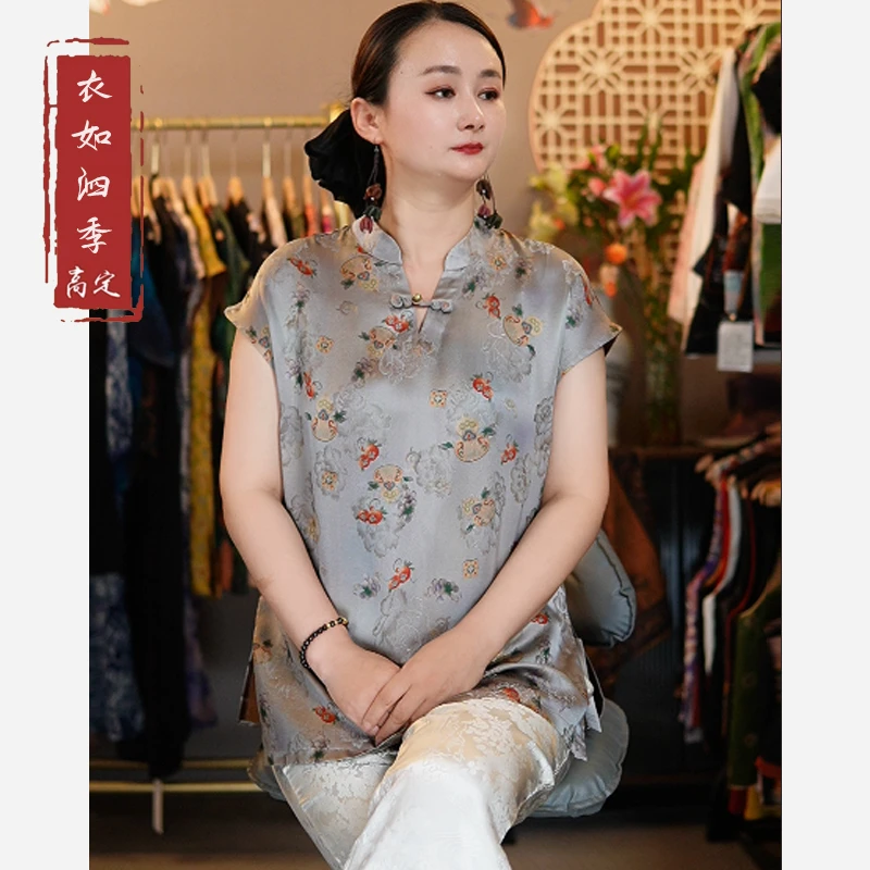 【宝葫芦】1588夏季新款奥黛国风百搭宽松立领提花中长款短袖小衫