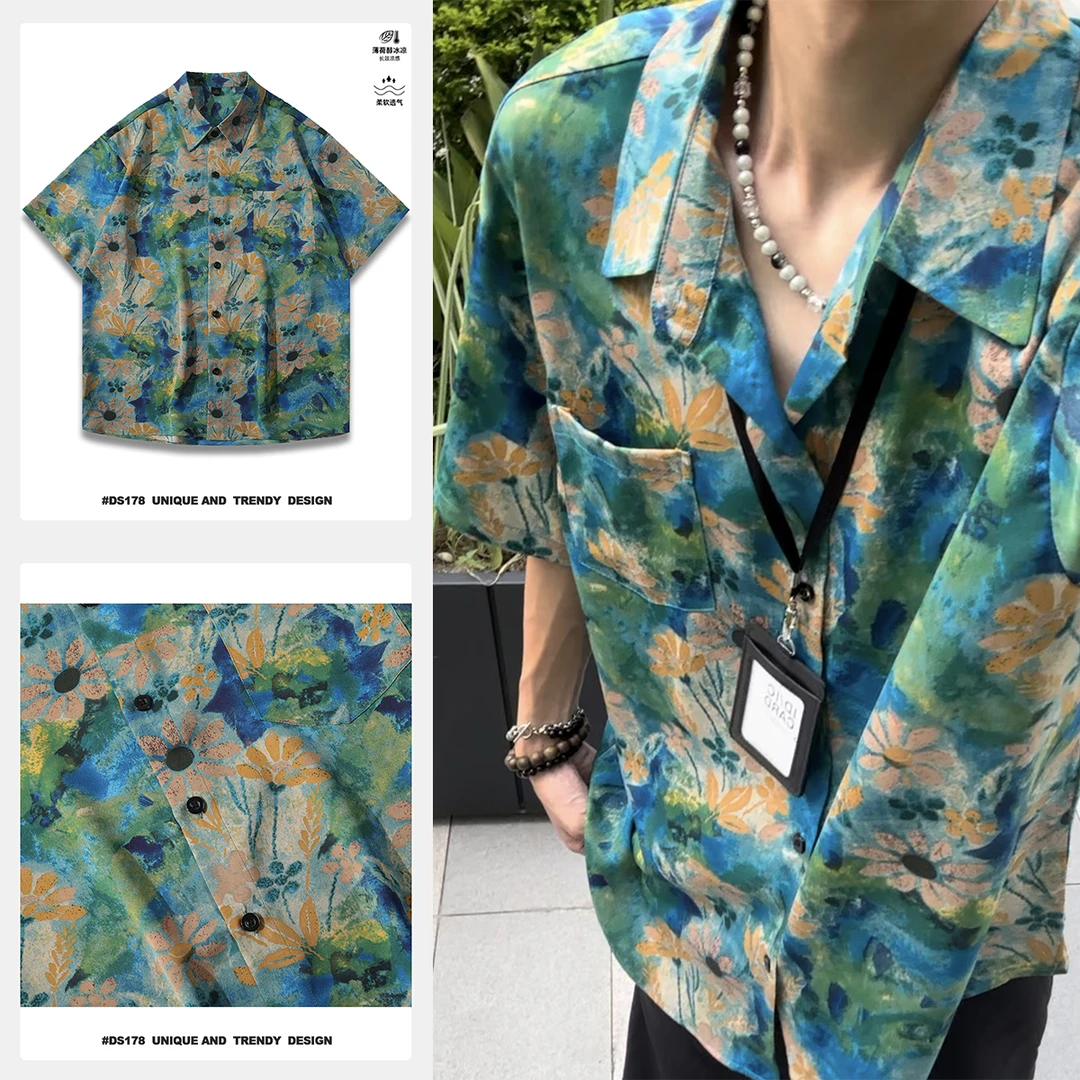 夏季潮流衬衫上衣柔软印花短袖休闲满印港风情侣速干宽松凉感衬衣