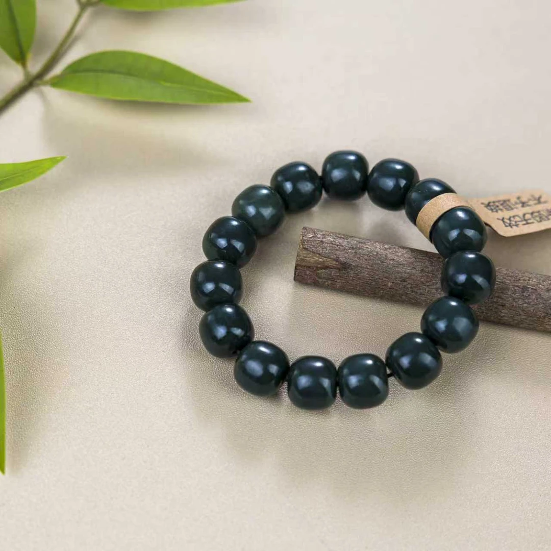 木禾木 和田玉 沙枣青卡13-14mm桶珠手串（多样性发一）