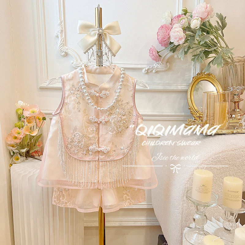 【QI奇妈】女童中国风马甲新中式儿童女宝精致休闲童装套装Q0613