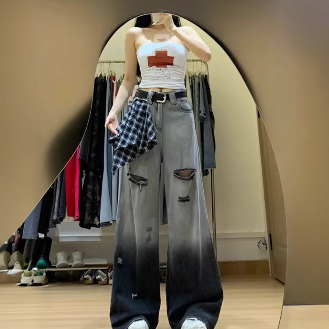 黑灰色高个子破洞牛仔裤女2025夏款格子飘带设计感低腰显瘦阔腿裤
