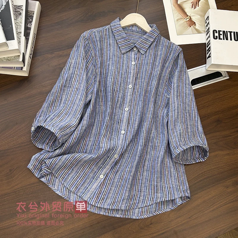 (撞色彩条亚麻衬衫)936夏季港风设计感百搭宽松七分袖上衣W