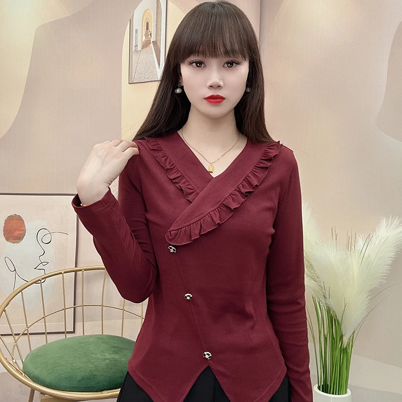 设计感V领长袖不规则衬衫2025春新款时尚收腰洋气减龄遮肚子上衣