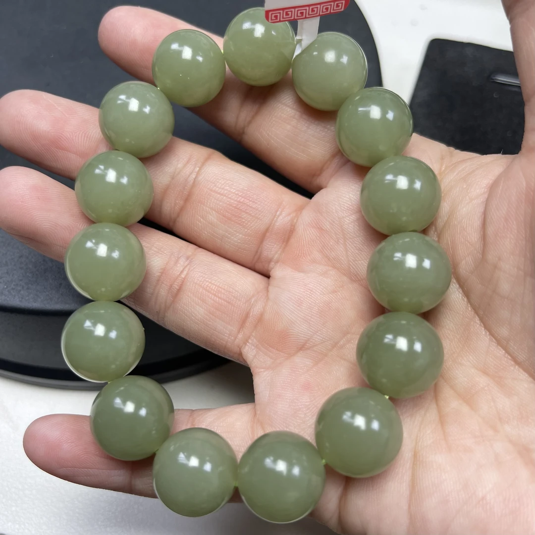 天然和田玉手串14mm青海料圆珠湖水绿青黄口手串一物一证绿色素圈