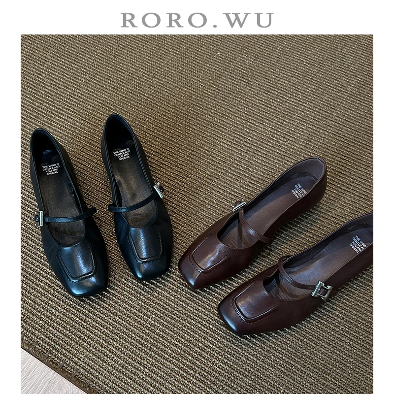 娆娆吴·头层牛皮极简复古一字扣文艺百搭白领通勤单鞋D720